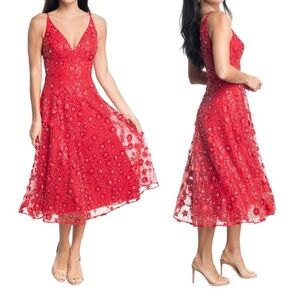 Dress the Population Elisa Floral Appliqué Sequin Midi Dress Red Small S